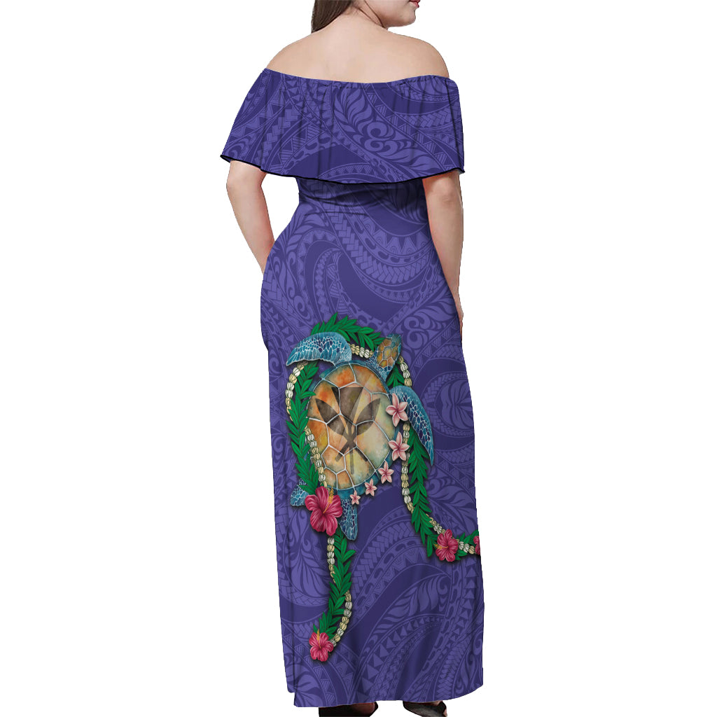 Hawaii Pikake and Maile Lei Off Shoulder Maxi Dress Honu Polynesian Pattern Purple Color LT03 - Polynesian Pride