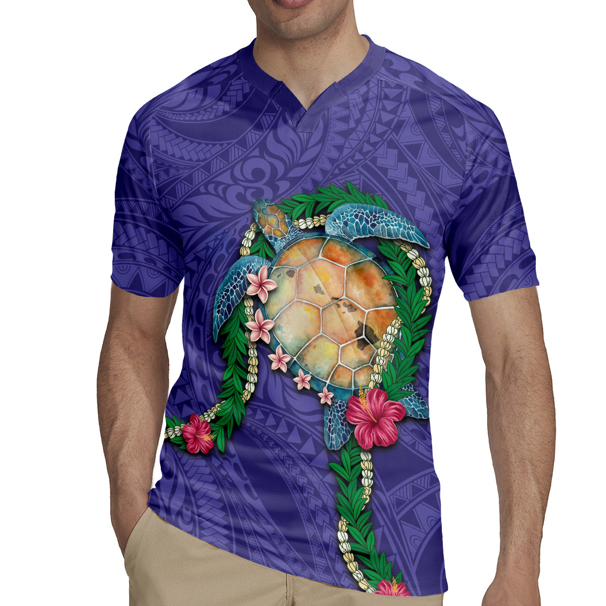 Hawaii Pikake and Maile Lei Rugby Jersey Honu Polynesian Pattern Purple Color