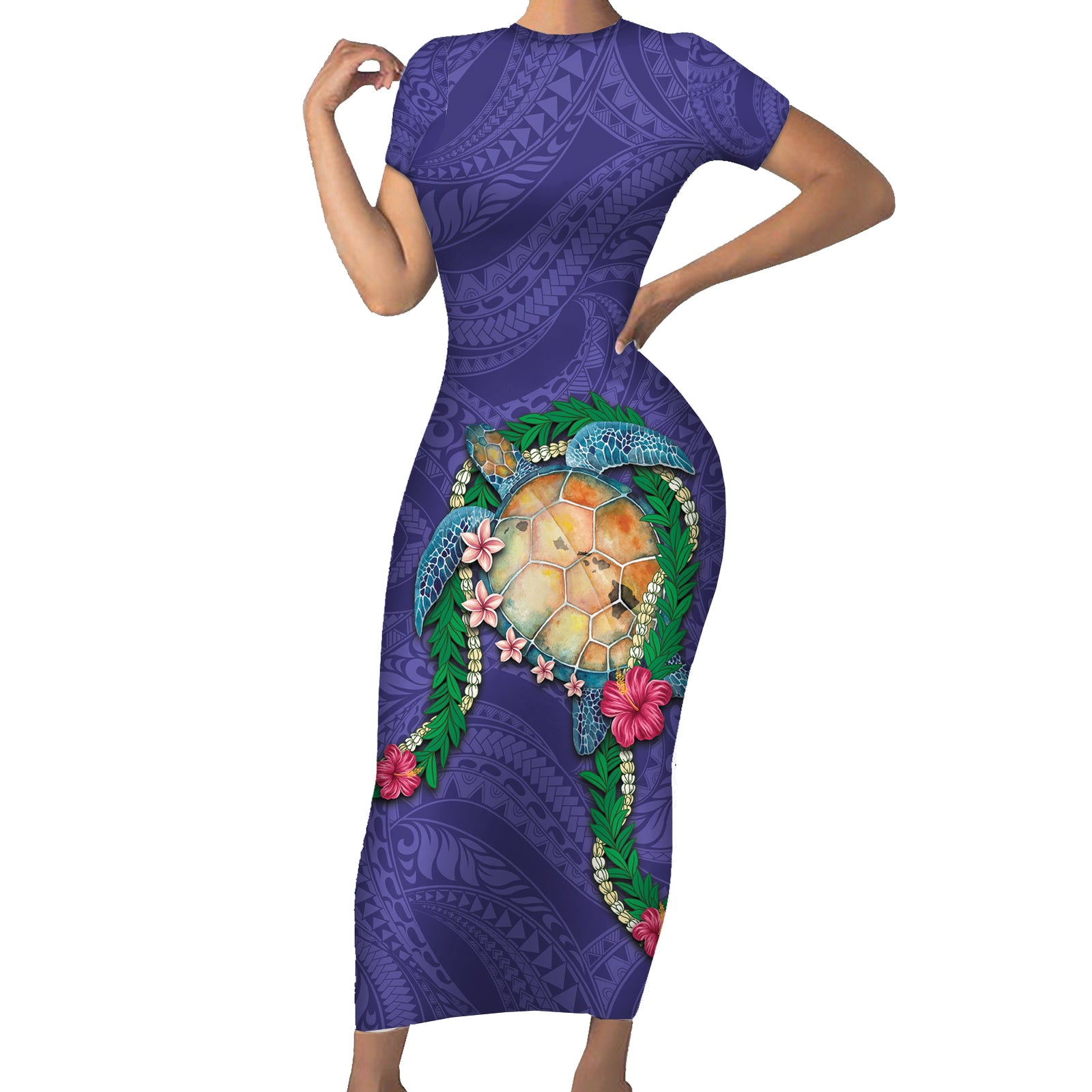 Hawaii Pikake and Maile Lei Short Sleeve Bodycon Dress Honu Polynesian Pattern Purple Color