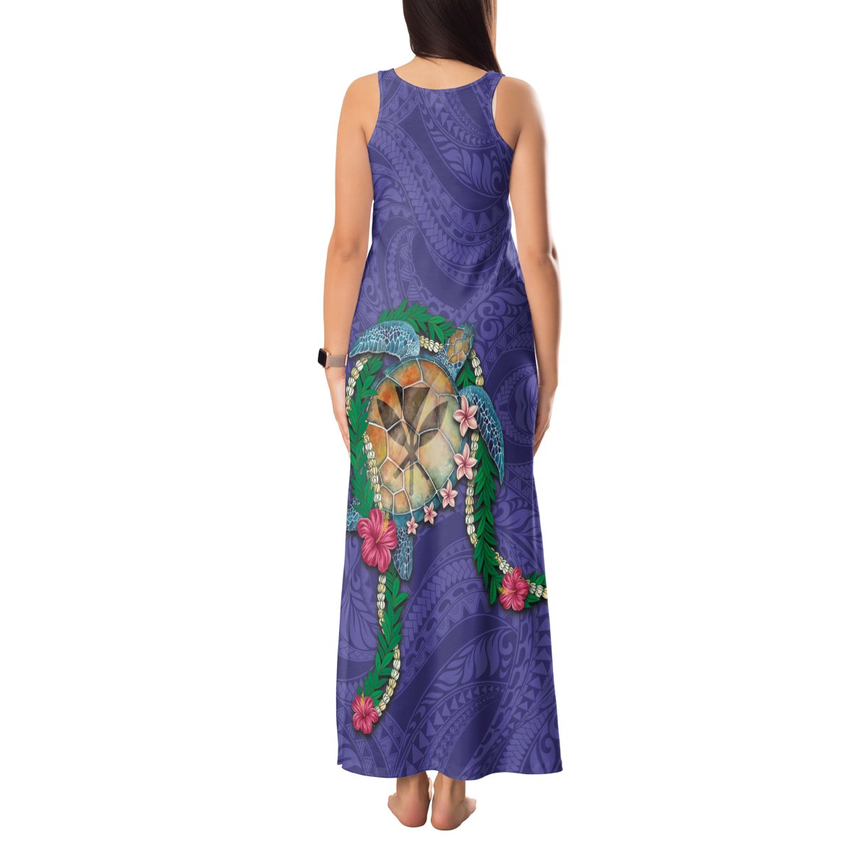 Hawaii Pikake and Maile Lei Tank Maxi Dress Honu Polynesian Pattern Purple Color LT03 - Polynesian Pride