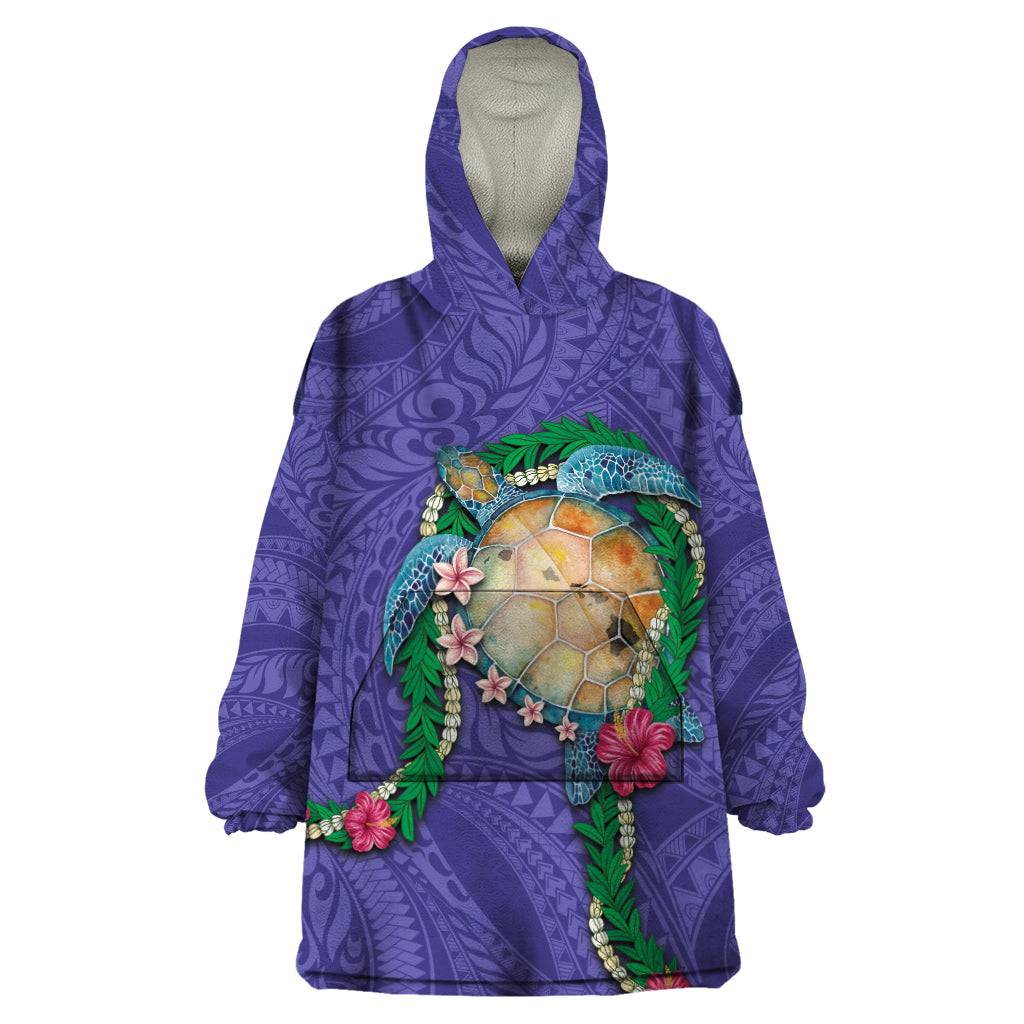 Hawaii Pikake and Maile Lei Wearable Blanket Hoodie Honu Polynesian Pattern Purple Color