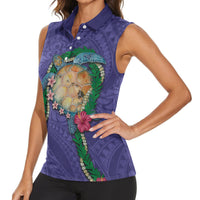 Hawaii Pikake and Maile Lei Women Sleeveless Polo Shirt Honu Polynesian Pattern Purple Color