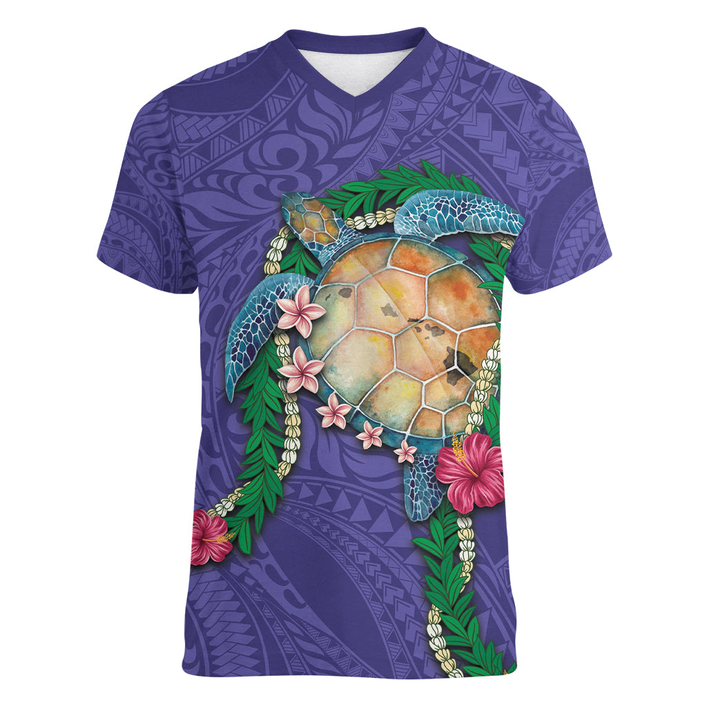 Hawaii Pikake and Maile Lei Women V-Neck T-Shirt Honu Polynesian Pattern Purple Color