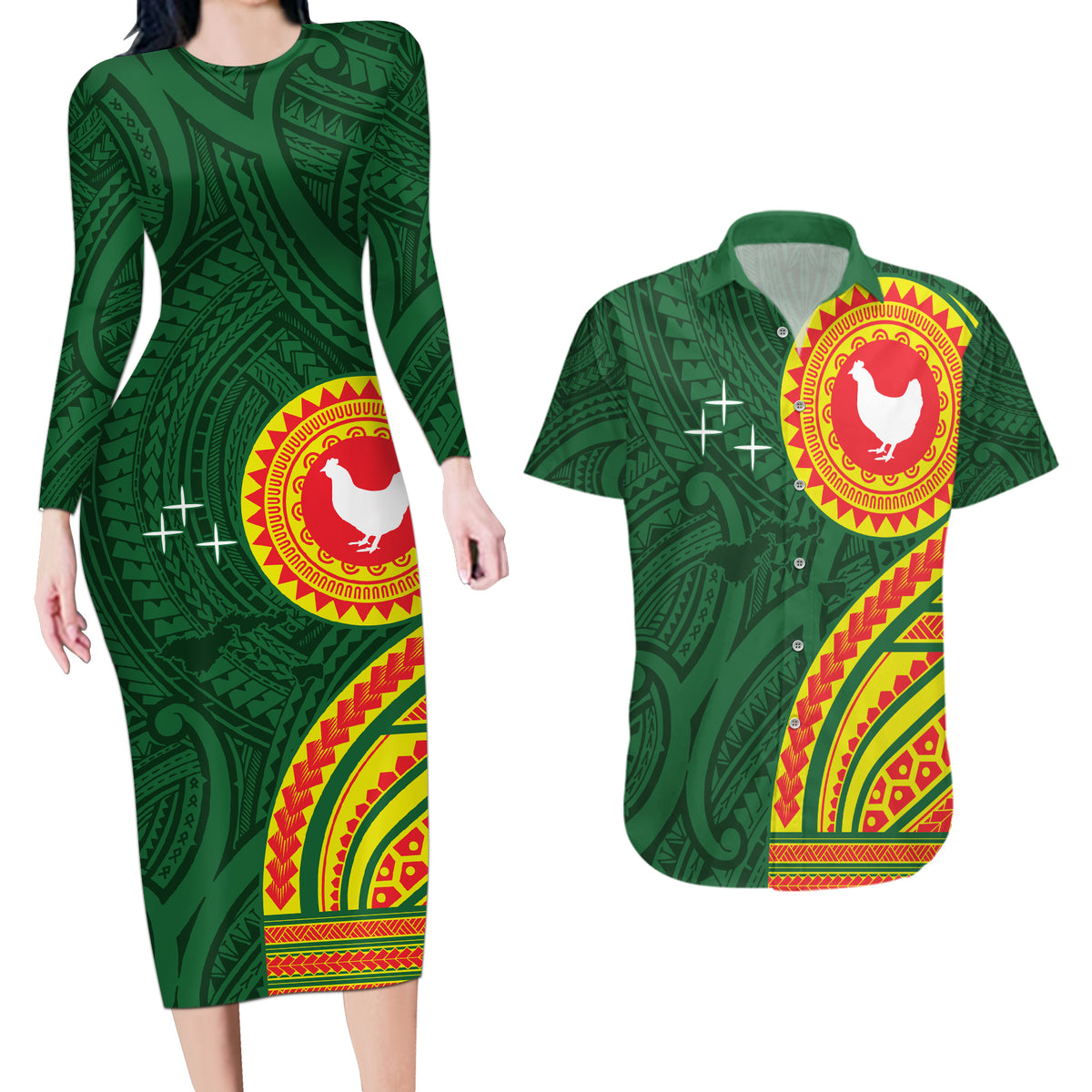 Manu'a Cession Day Couples Matching Long Sleeve Bodycon Dress and Hawaiian Shirt Polynesian Pattern LT03 Green - Polynesian Pride