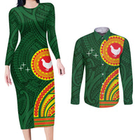 Manu'a Cession Day Couples Matching Long Sleeve Bodycon Dress and Long Sleeve Button Shirt Polynesian Pattern LT03 Green - Polynesian Pride
