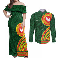 Manu'a Cession Day Couples Matching Off Shoulder Maxi Dress and Long Sleeve Button Shirt Polynesian Pattern LT03 Green - Polynesian Pride