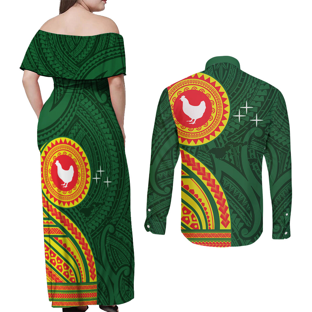 Manu'a Cession Day Couples Matching Off Shoulder Maxi Dress and Long Sleeve Button Shirt Polynesian Pattern LT03 - Polynesian Pride