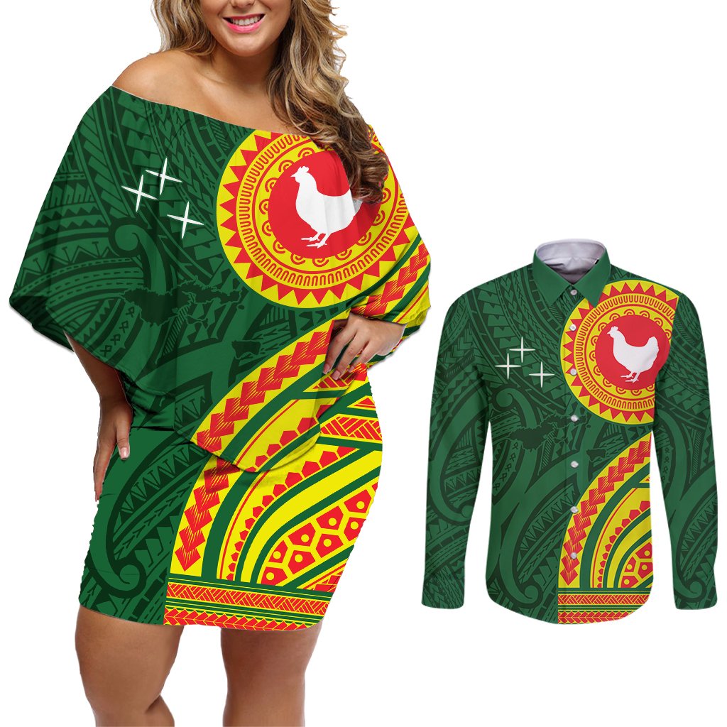 Manu'a Cession Day Couples Matching Off Shoulder Short Dress and Long Sleeve Button Shirt Polynesian Pattern LT03 Green - Polynesian Pride