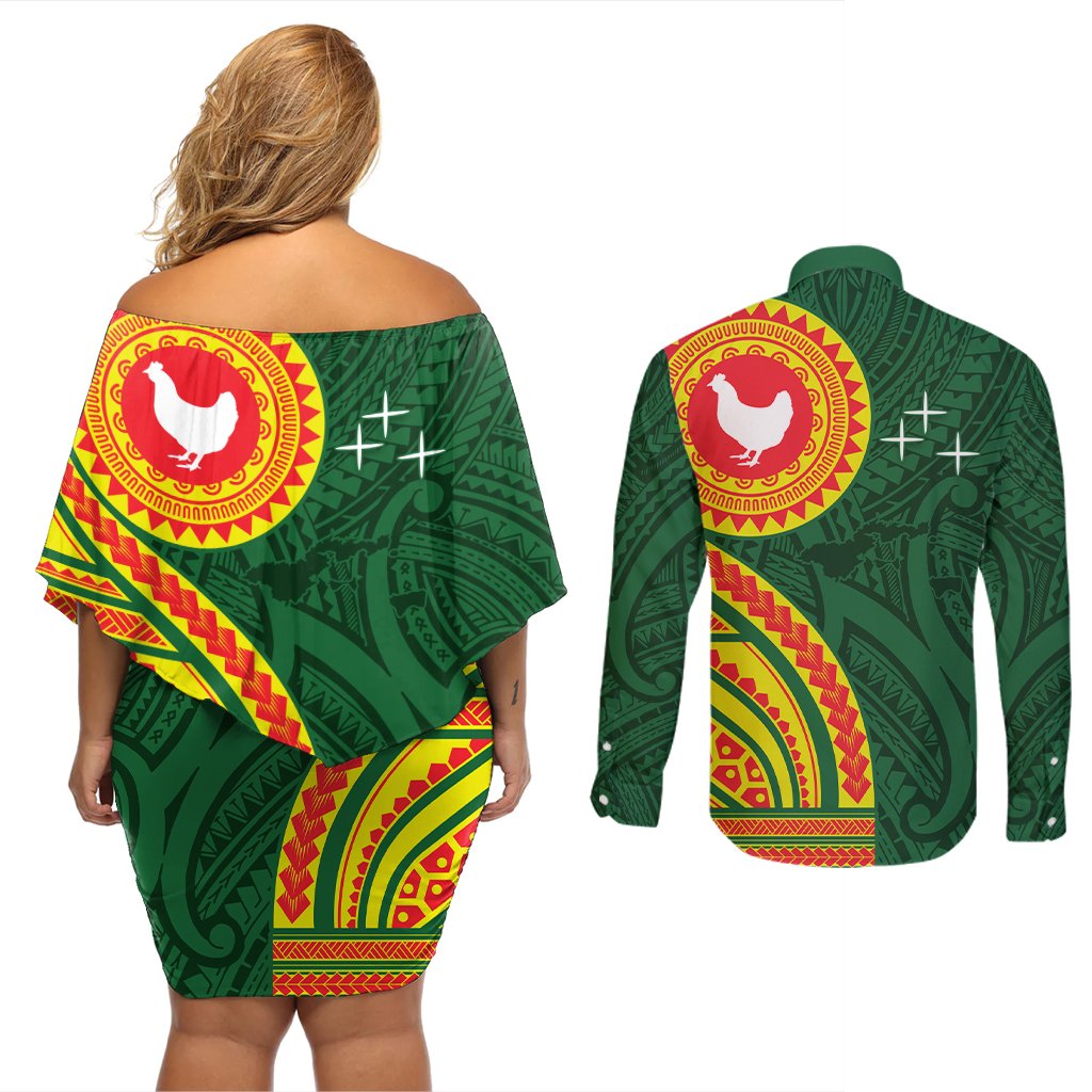 Manu'a Cession Day Couples Matching Off Shoulder Short Dress and Long Sleeve Button Shirt Polynesian Pattern LT03 - Polynesian Pride