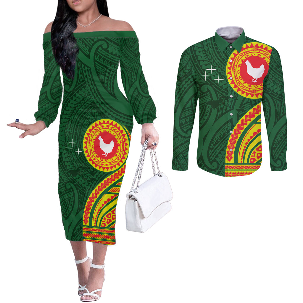 Manu'a Cession Day Couples Matching Off The Shoulder Long Sleeve Dress and Long Sleeve Button Shirt Polynesian Pattern LT03 Green - Polynesian Pride