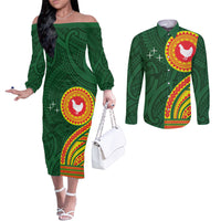 Manu'a Cession Day Couples Matching Off The Shoulder Long Sleeve Dress and Long Sleeve Button Shirt Polynesian Pattern LT03 Green - Polynesian Pride
