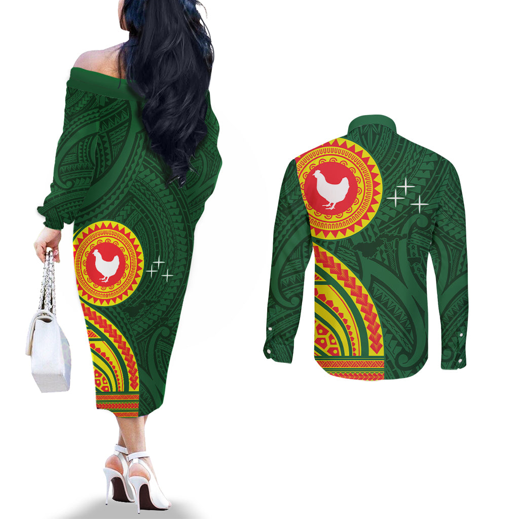 Manu'a Cession Day Couples Matching Off The Shoulder Long Sleeve Dress and Long Sleeve Button Shirt Polynesian Pattern LT03 - Polynesian Pride