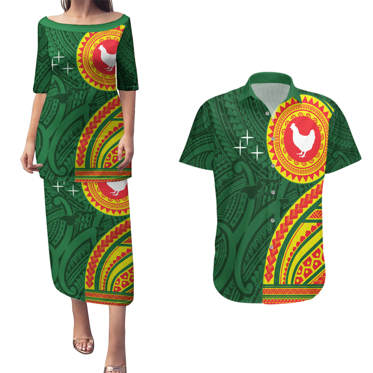 Manu'a Cession Day Couples Matching Puletasi and Hawaiian Shirt Polynesian Pattern LT03 Green - Polynesian Pride