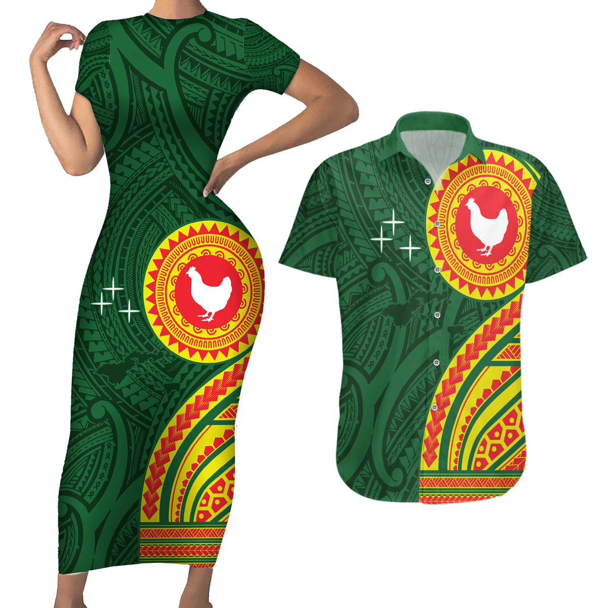 Manu'a Cession Day Couples Matching Short Sleeve Bodycon Dress and Hawaiian Shirt Polynesian Pattern LT03 Green - Polynesian Pride