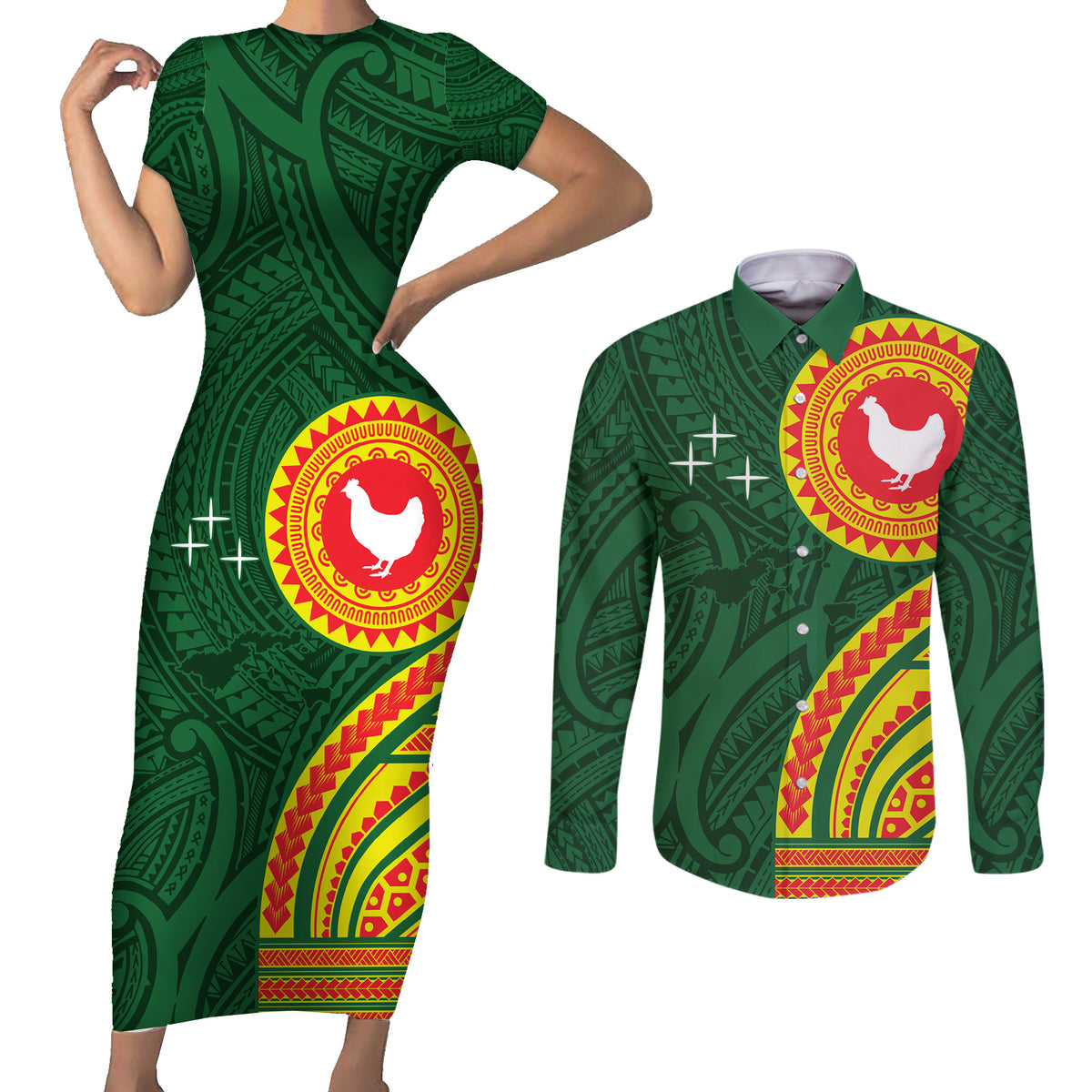 Manu'a Cession Day Couples Matching Short Sleeve Bodycon Dress and Long Sleeve Button Shirt Polynesian Pattern LT03 Green - Polynesian Pride