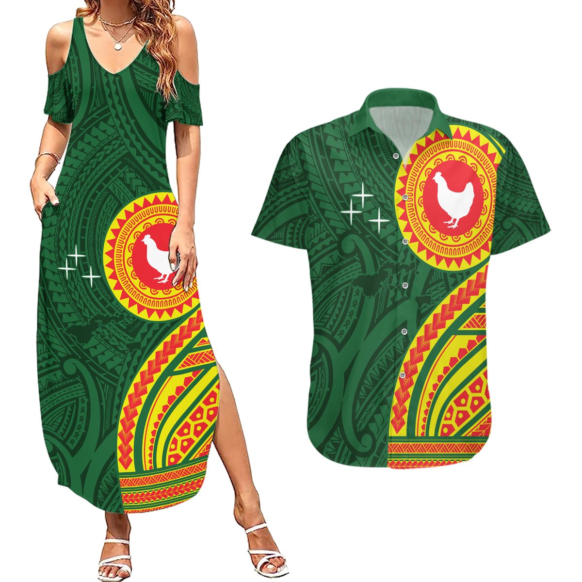 Manu'a Cession Day Couples Matching Summer Maxi Dress and Hawaiian Shirt Polynesian Pattern LT03 Green - Polynesian Pride