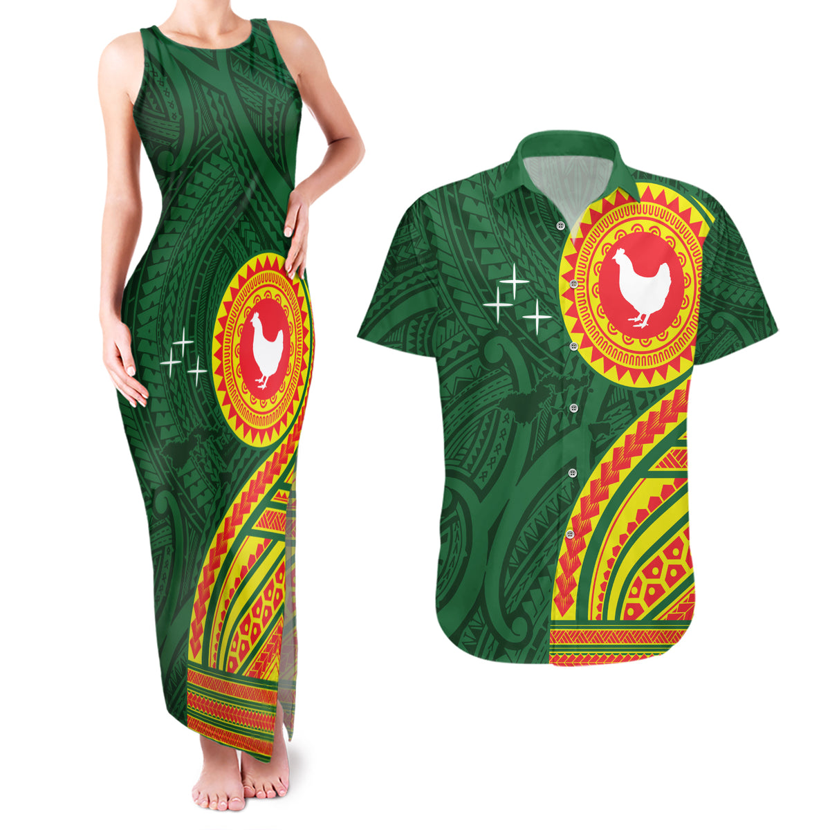 Manu'a Cession Day Couples Matching Tank Maxi Dress and Hawaiian Shirt Polynesian Pattern LT03 Green - Polynesian Pride