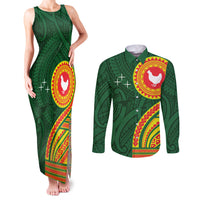Manu'a Cession Day Couples Matching Tank Maxi Dress and Long Sleeve Button Shirt Polynesian Pattern LT03 Green - Polynesian Pride