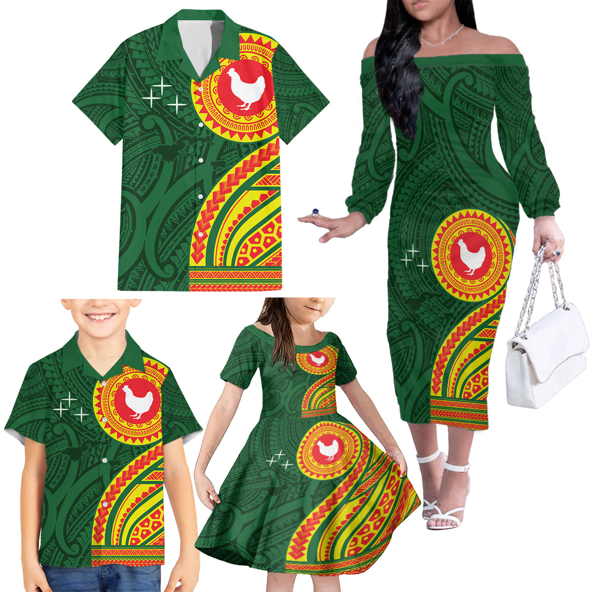 Manu'a Cession Day Family Matching Off The Shoulder Long Sleeve Dress and Hawaiian Shirt Polynesian Pattern