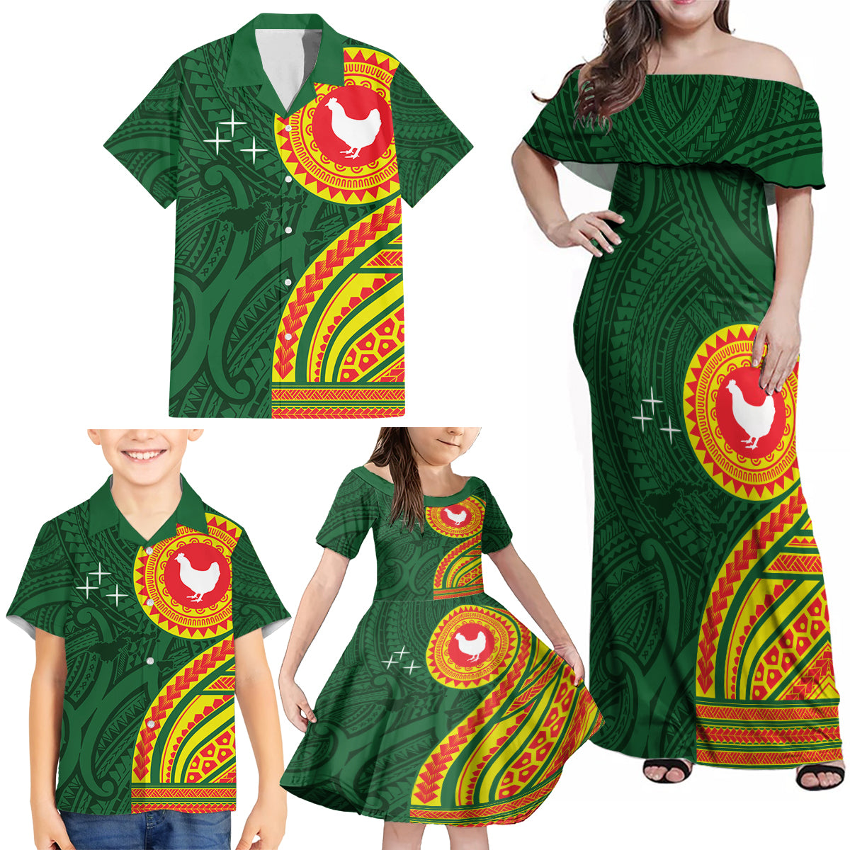 Manu'a Cession Day Family Matching Off Shoulder Maxi Dress and Hawaiian Shirt Polynesian Pattern