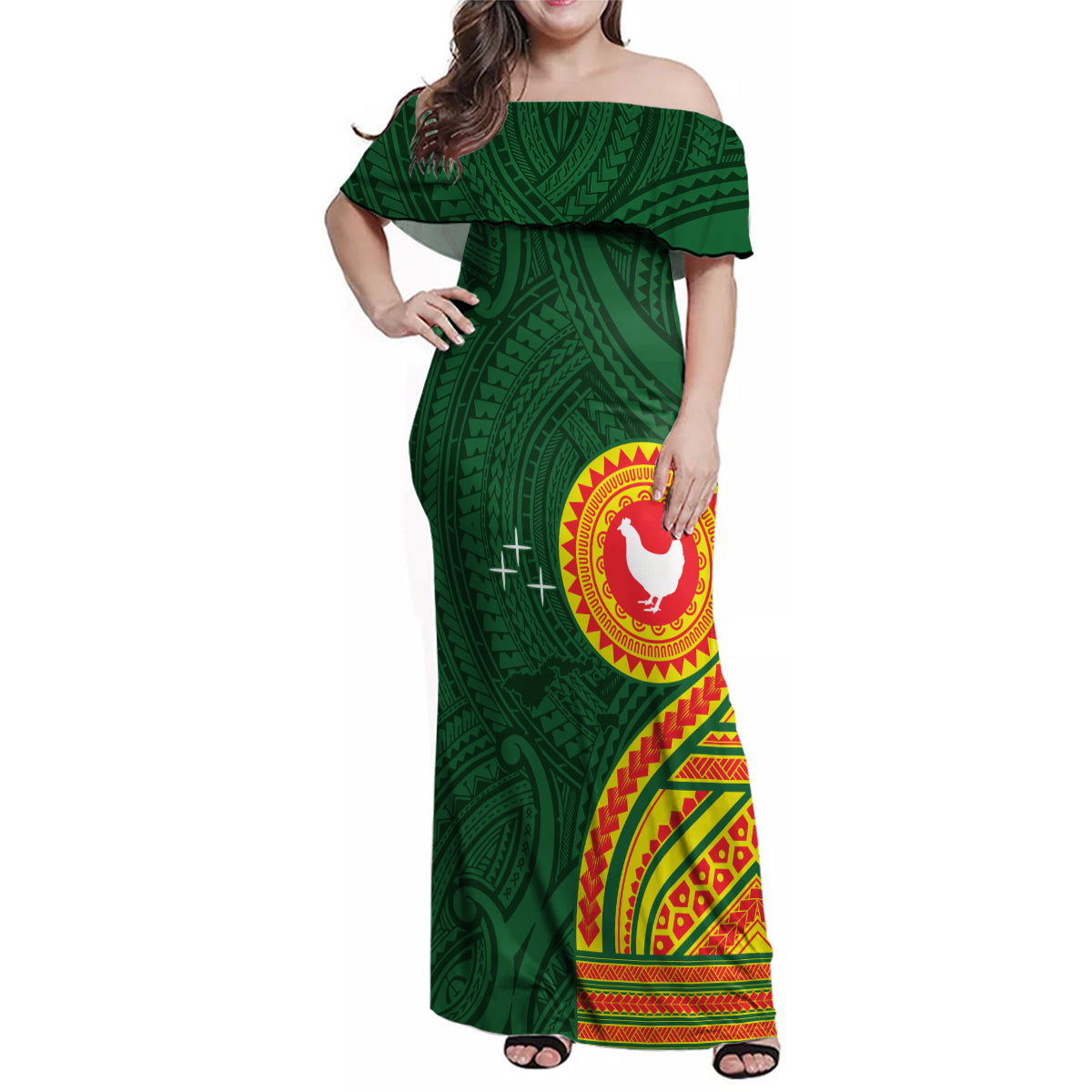 Manu'a Cession Day Family Matching Off Shoulder Maxi Dress and Hawaiian Shirt Polynesian Pattern LT03 Mom's Dress Green - Polynesian Pride