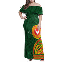 Manu'a Cession Day Family Matching Off Shoulder Maxi Dress and Hawaiian Shirt Polynesian Pattern LT03 Mom's Dress Green - Polynesian Pride