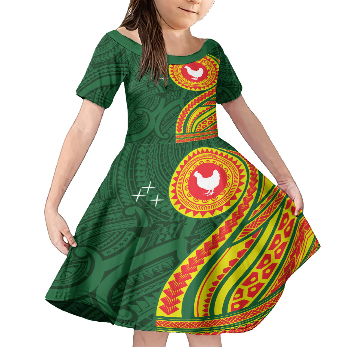 Manu'a Cession Day Kid Short Sleeve Dress Polynesian Pattern LT03 KID Green - Polynesian Pride
