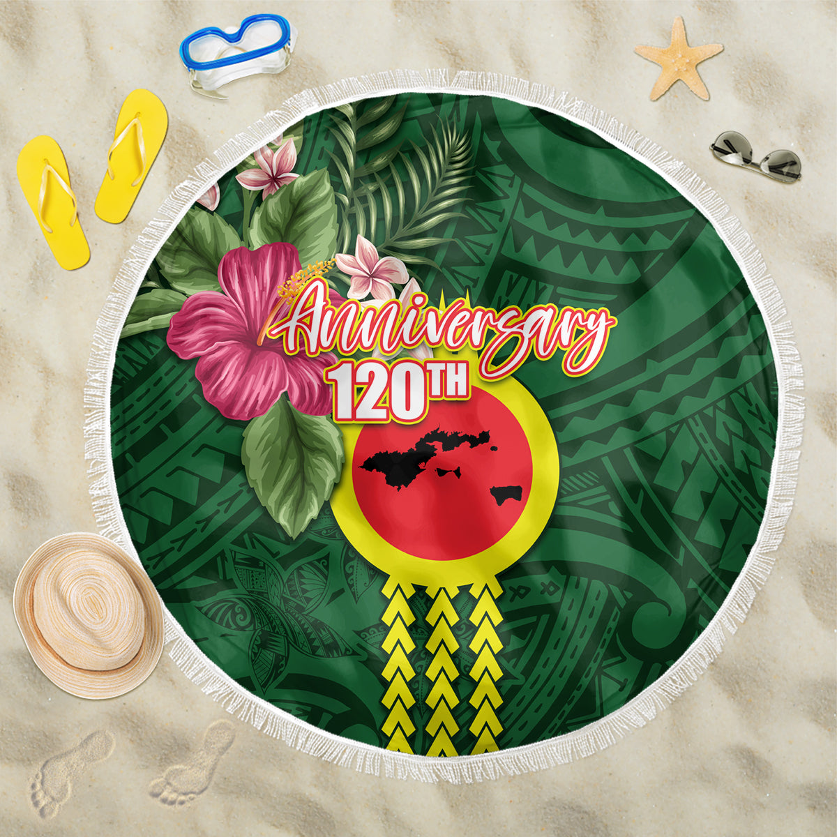 Manu'a Cession Day 120th Anniversary Beach Blanket Polynesian Pattern and Hibiscus Flower LT03 One Size 150cm Green - Polynesian Pride