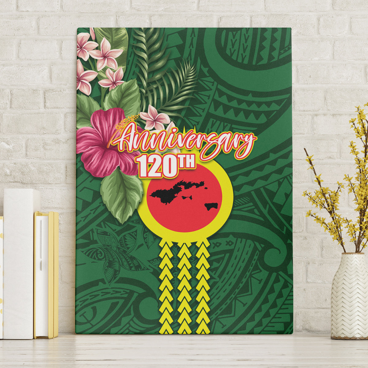Manu'a Cession Day 120th Anniversary Canvas Wall Art Polynesian Pattern and Hibiscus Flower LT03 Without Frame Green - Polynesian Pride