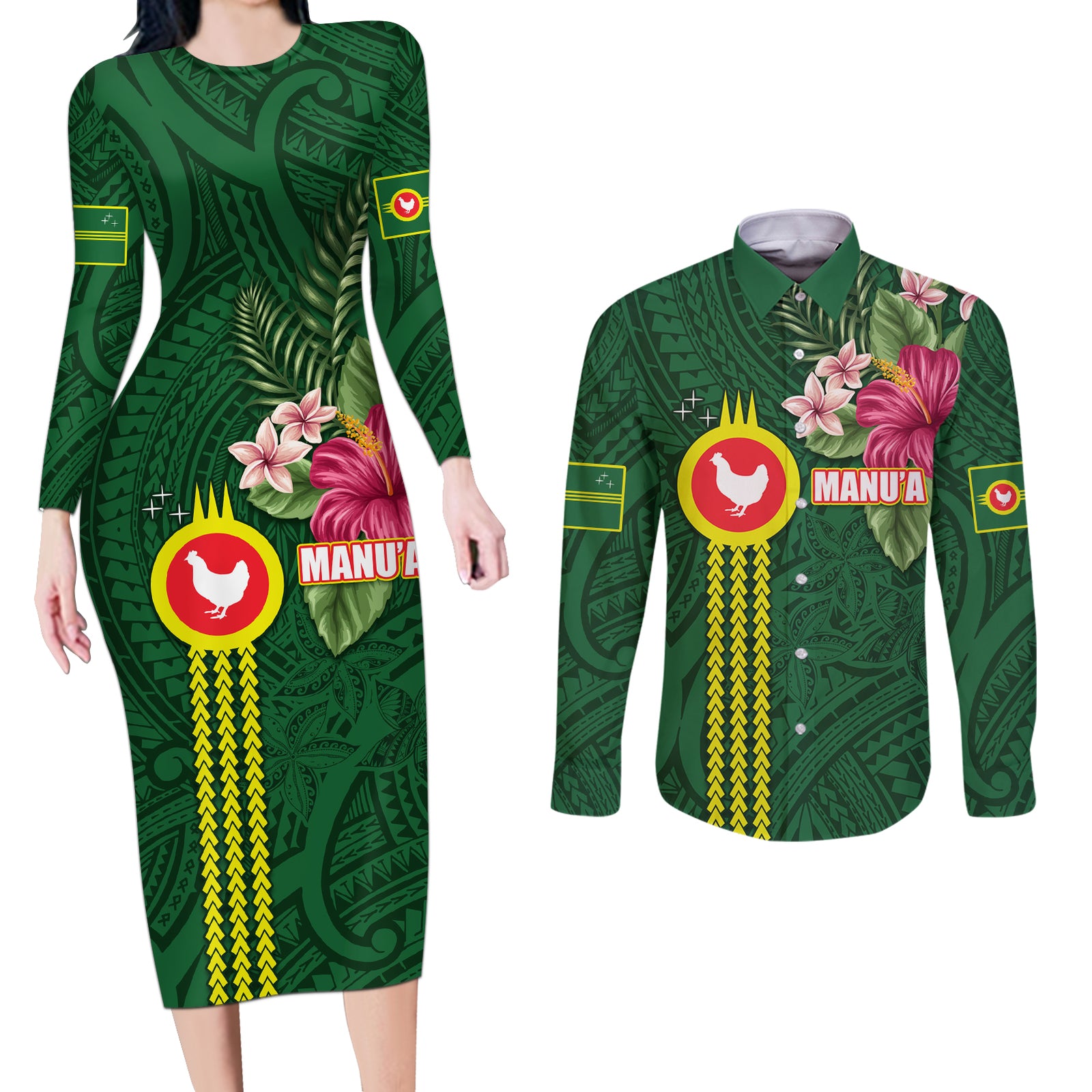 Manu'a Cession Day 120th Anniversary Couples Matching Long Sleeve Bodycon Dress and Long Sleeve Button Shirt Polynesian Pattern and Hibiscus Flower LT03 Green - Polynesian Pride