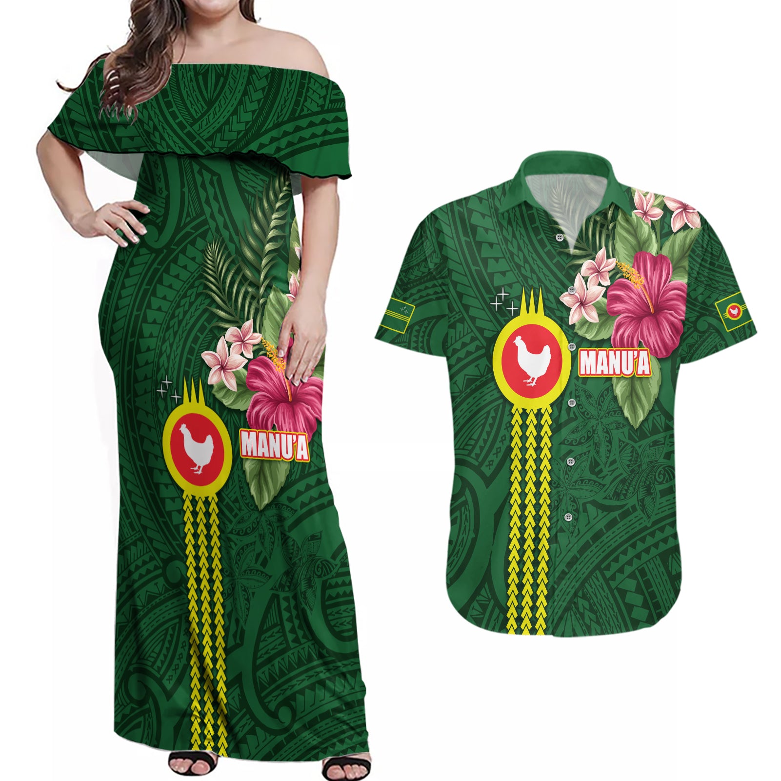 Manu'a Cession Day 120th Anniversary Couples Matching Off Shoulder Maxi Dress and Hawaiian Shirt Polynesian Pattern and Hibiscus Flower