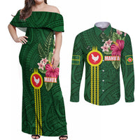 Manu'a Cession Day 120th Anniversary Couples Matching Off Shoulder Maxi Dress and Long Sleeve Button Shirt Polynesian Pattern and Hibiscus Flower LT03 Green - Polynesian Pride