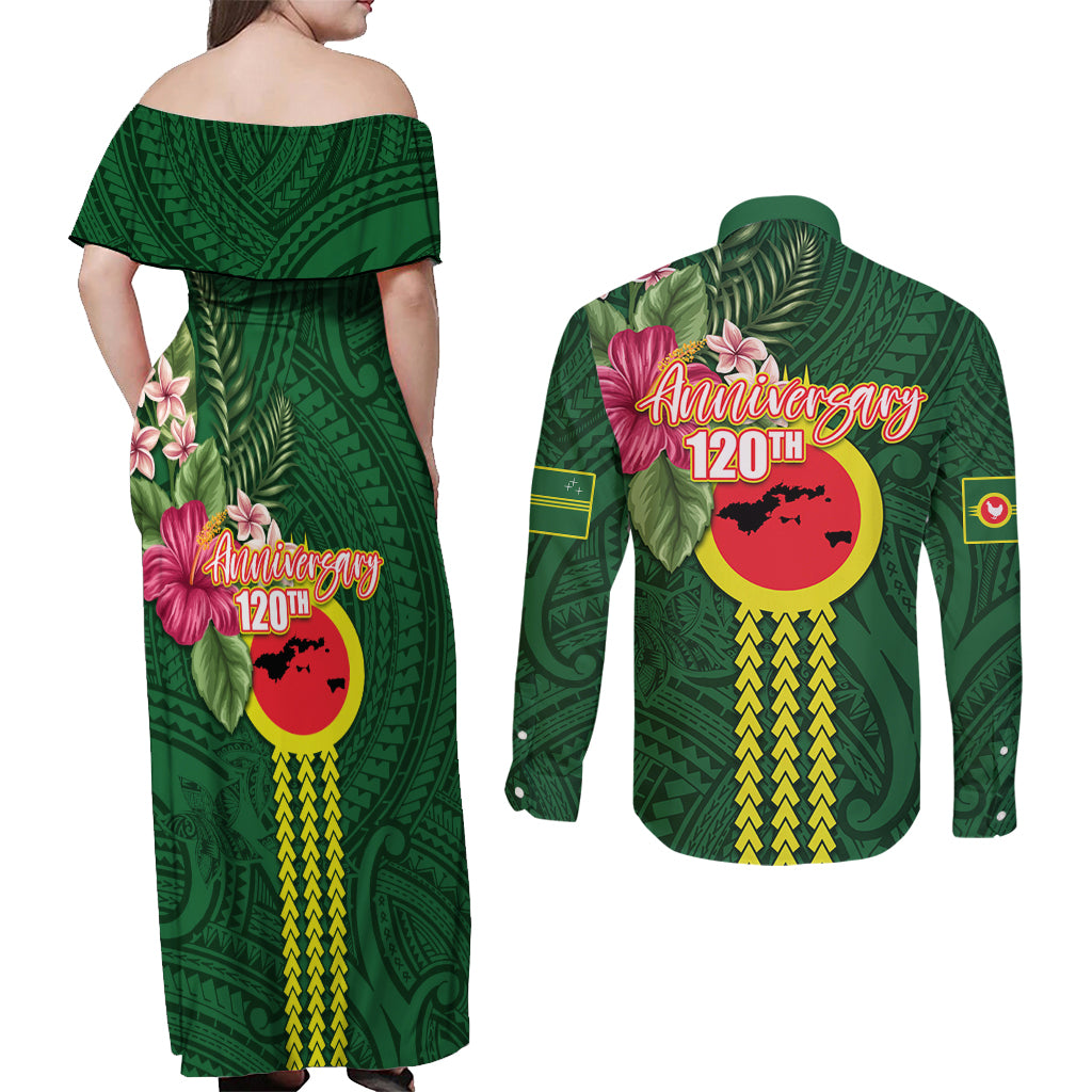 Manu'a Cession Day 120th Anniversary Couples Matching Off Shoulder Maxi Dress and Long Sleeve Button Shirt Polynesian Pattern and Hibiscus Flower LT03 - Polynesian Pride