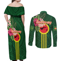 Manu'a Cession Day 120th Anniversary Couples Matching Off Shoulder Maxi Dress and Long Sleeve Button Shirt Polynesian Pattern and Hibiscus Flower LT03 - Polynesian Pride