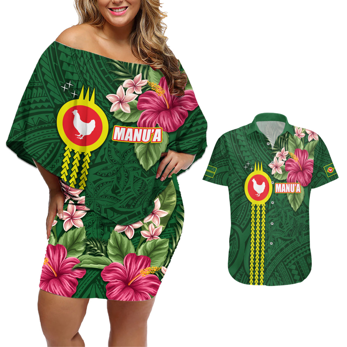 Manu'a Cession Day 120th Anniversary Couples Matching Off Shoulder Short Dress and Hawaiian Shirt Polynesian Pattern and Hibiscus Flower