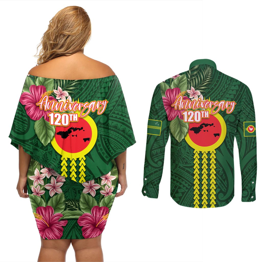 Manu'a Cession Day 120th Anniversary Couples Matching Off Shoulder Short Dress and Long Sleeve Button Shirt Polynesian Pattern and Hibiscus Flower LT03 - Polynesian Pride