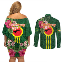 Manu'a Cession Day 120th Anniversary Couples Matching Off Shoulder Short Dress and Long Sleeve Button Shirt Polynesian Pattern and Hibiscus Flower LT03 - Polynesian Pride