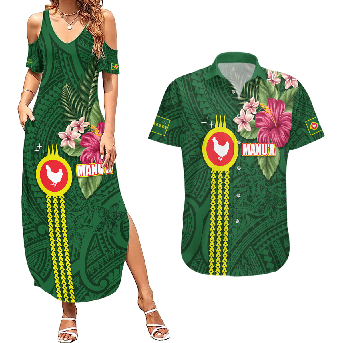 Manu'a Cession Day 120th Anniversary Couples Matching Summer Maxi Dress and Hawaiian Shirt Polynesian Pattern and Hibiscus Flower