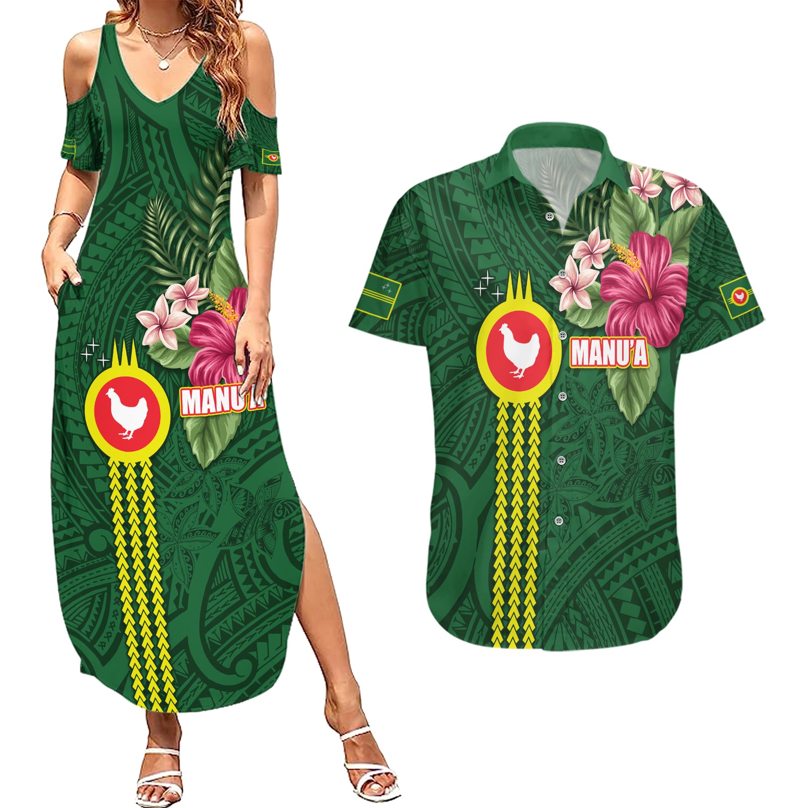 Manu'a Cession Day 120th Anniversary Couples Matching Summer Maxi Dress and Hawaiian Shirt Polynesian Pattern and Hibiscus Flower