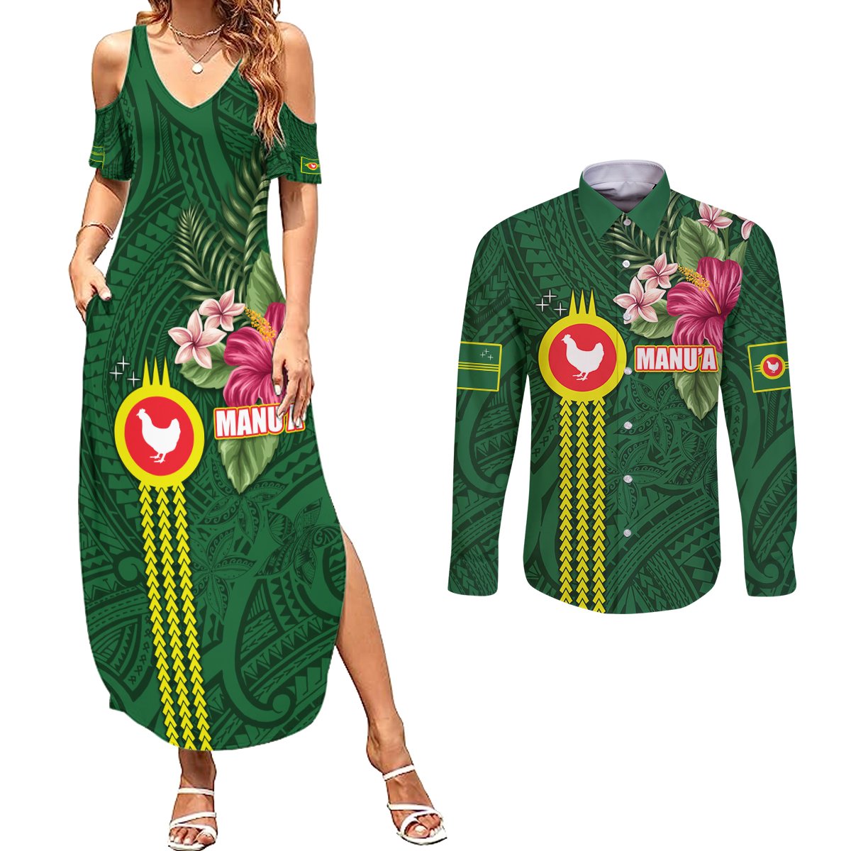 Manu'a Cession Day 120th Anniversary Couples Matching Summer Maxi Dress and Long Sleeve Button Shirt Polynesian Pattern and Hibiscus Flower