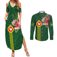 Manu'a Cession Day 120th Anniversary Couples Matching Summer Maxi Dress and Long Sleeve Button Shirt Polynesian Pattern and Hibiscus Flower