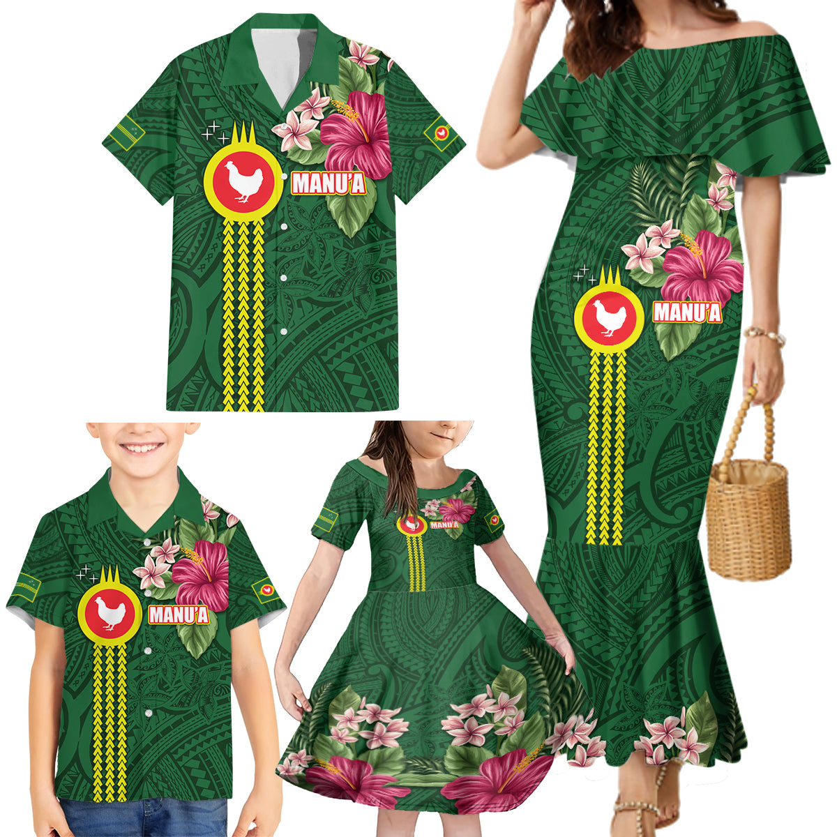 Manu'a Cession Day 120th Anniversary Family Matching Mermaid Dress and Hawaiian Shirt Polynesian Pattern and Hibiscus Flower