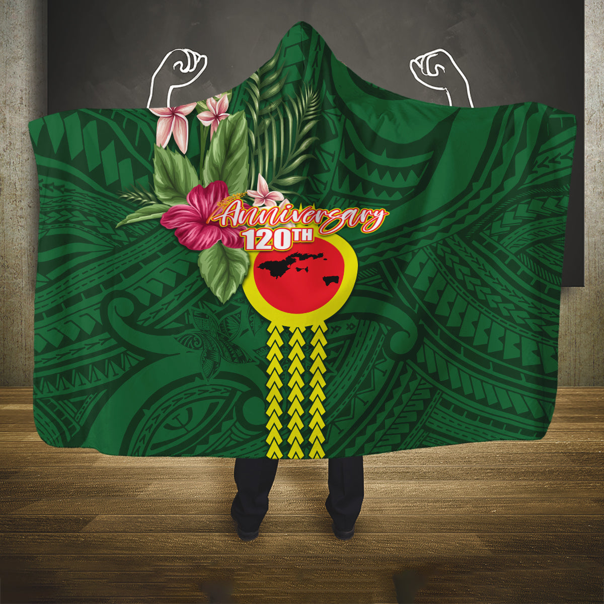 Manu'a Cession Day 120th Anniversary Hooded Blanket Polynesian Pattern and Hibiscus Flower LT03 One Size Green - Polynesian Pride
