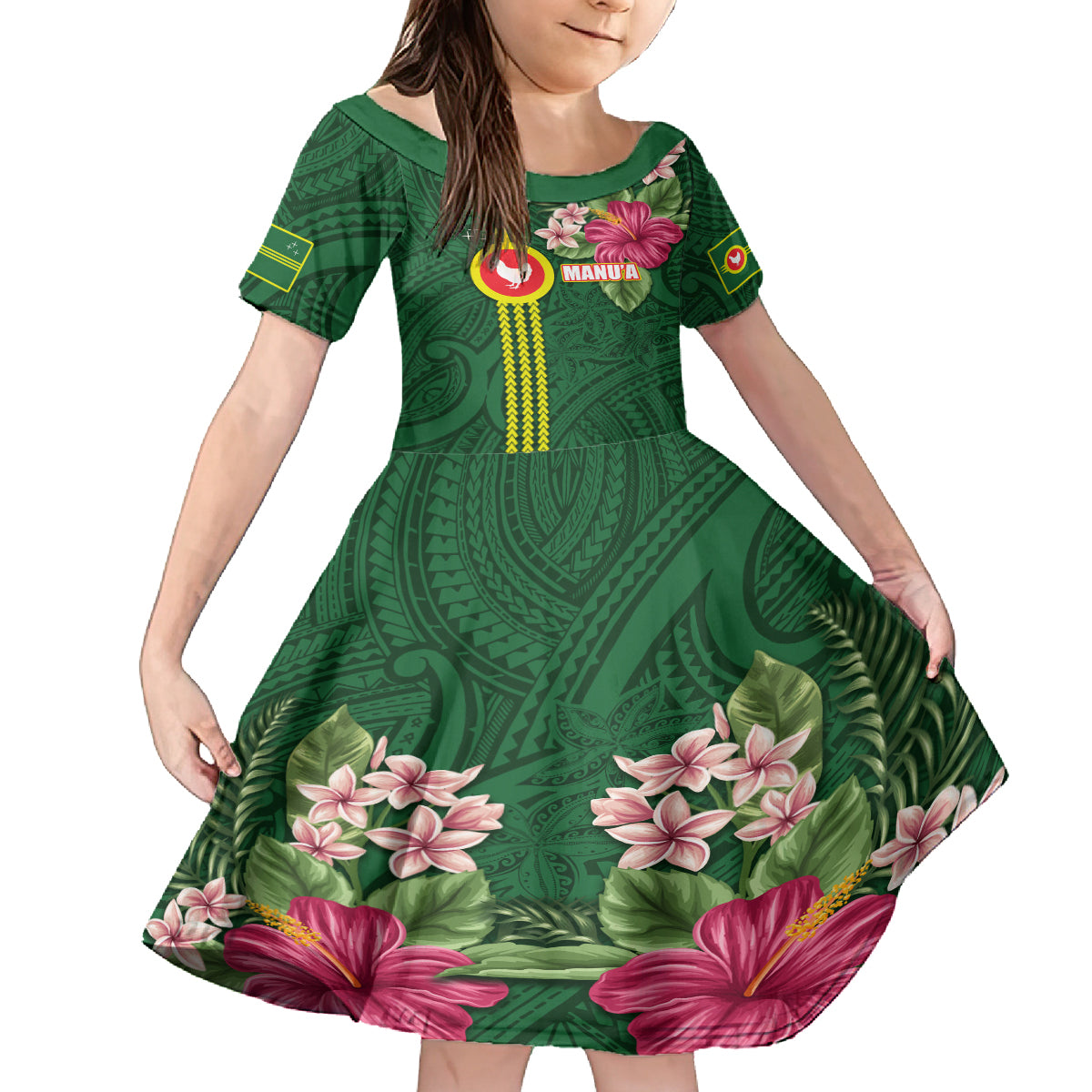 Manu'a Cession Day 120th Anniversary Kid Short Sleeve Dress Polynesian Pattern and Hibiscus Flower LT03 KID Green - Polynesian Pride