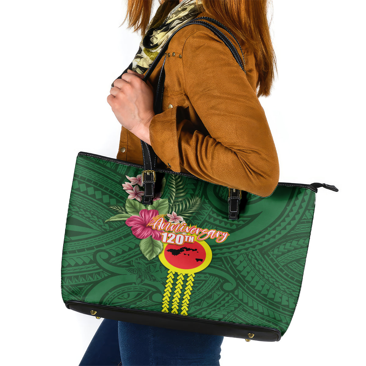 Manu'a Cession Day 120th Anniversary Leather Tote Bag Polynesian Pattern and Hibiscus Flower LT03 Green - Polynesian Pride