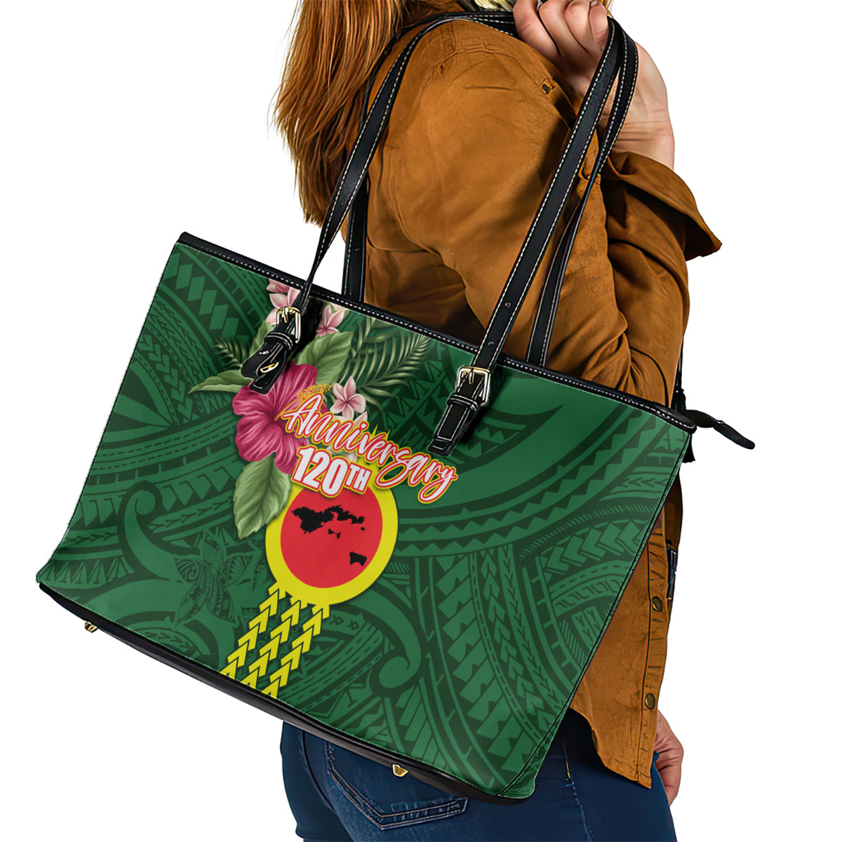 Manu'a Cession Day 120th Anniversary Leather Tote Bag Polynesian Pattern and Hibiscus Flower LT03 - Polynesian Pride
