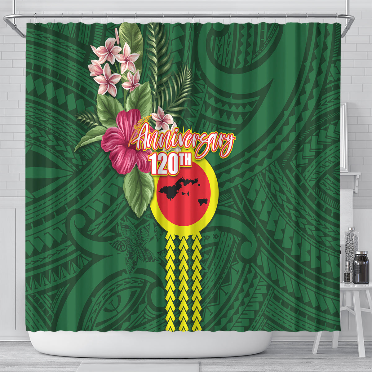 Manu'a Cession Day 120th Anniversary Shower Curtain Polynesian Pattern and Hibiscus Flower