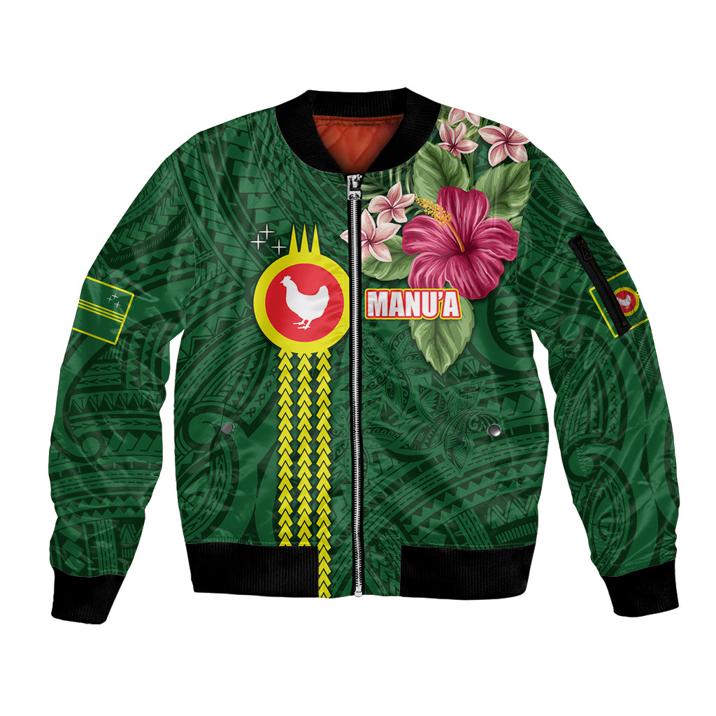 Manu'a Cession Day 120th Anniversary Sleeve Zip Bomber Jacket Polynesian Pattern and Hibiscus Flower LT03 Unisex Green - Polynesian Pride