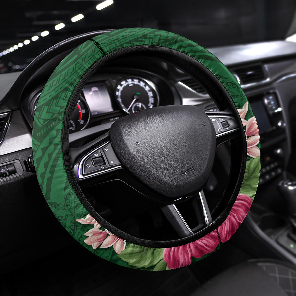 Manu'a Cession Day 120th Anniversary Steering Wheel Cover Polynesian Pattern and Hibiscus Flower LT03 Universal Fit Green - Polynesian Pride