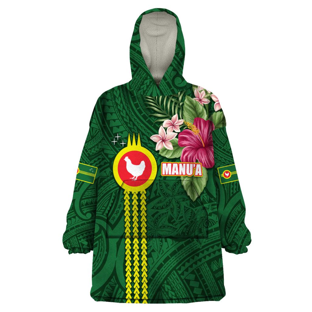 Manu'a Cession Day 120th Anniversary Wearable Blanket Hoodie Polynesian Pattern and Hibiscus Flower LT03 One Size Green - Polynesian Pride